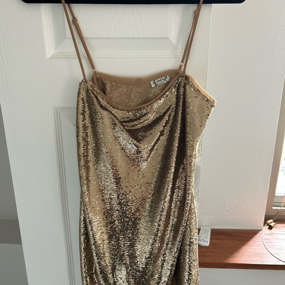 Gold Sequin Slip Dress with Cowl Neck
